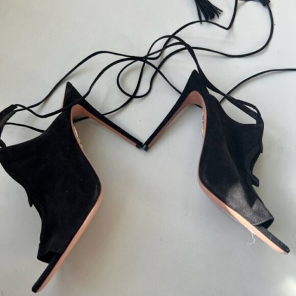 Aquazzura Black Suede Cut-out Tie Back Open-toe Stilettos Heels Pumps - Picture 10 of 10